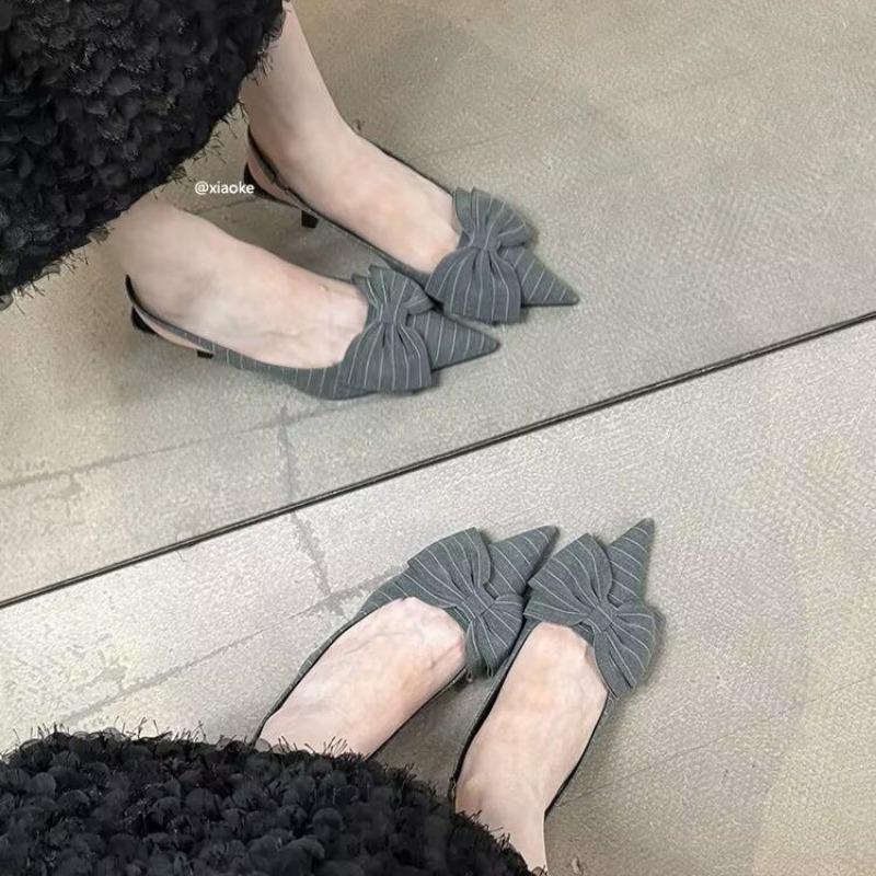 Fashion high heels women's striped design bow black temperament pointed stiletto sexy dress white bag sandals summer large size