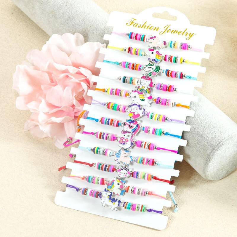 Hot-Selling Cartoon Beaded Bracelet Set: Colorful Unicorn, Butterfly, and Dinosaur Designs for Kids with Polymer Clay Flowers