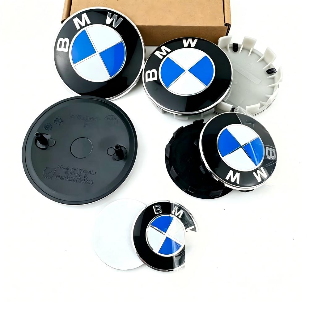 7pcs for BMW E36 E46 E53 E90 E60 E61 E93 E87 50th Car Hood Front Rear Trunk Emblem Wheel Center Hub Cap X1 X3 X5 F30 F20 G30