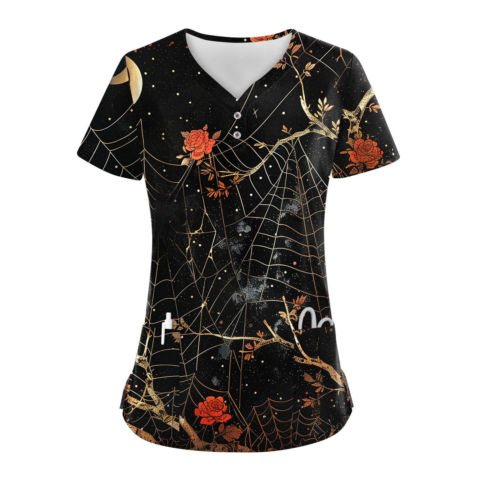 Женские модные повседневные топы с V-образным вырезом на пуговицах и принтом на Хэллоуин — фото 8