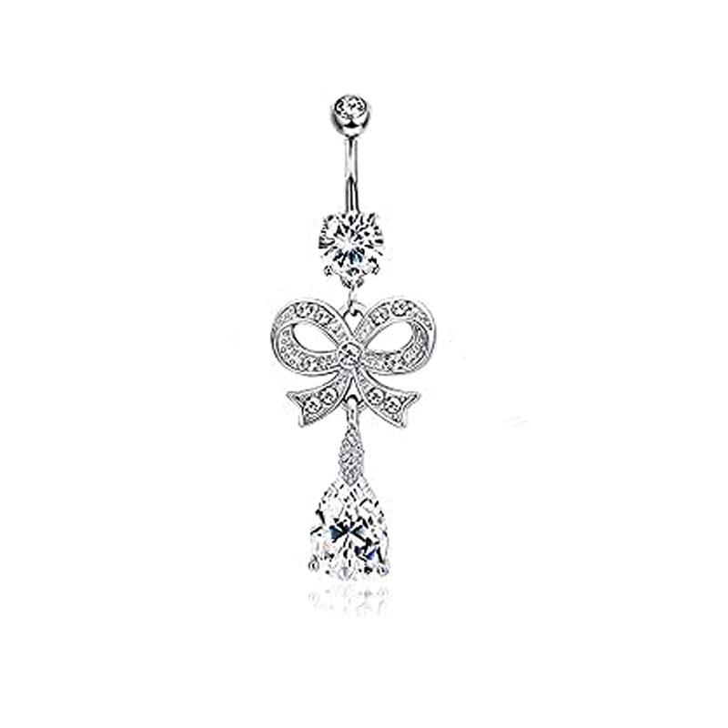 Navel Ring Set: 6-Piece Zircon Belly Button Rings with Bow and Water Drop Pendant