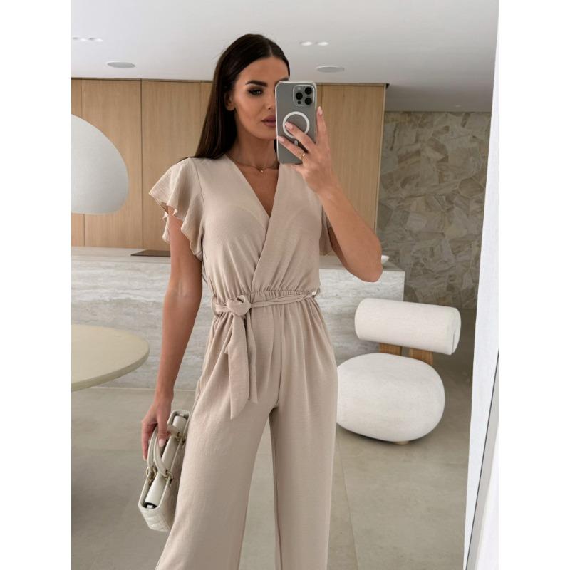 Tute Estive da Donna a Maniche Corte Larghe Eleganti con Scollo a V Incrociato Moda Ufficio Casual Semplici Tute Streetwear Salopette con Lacci Abbigliamento Donna