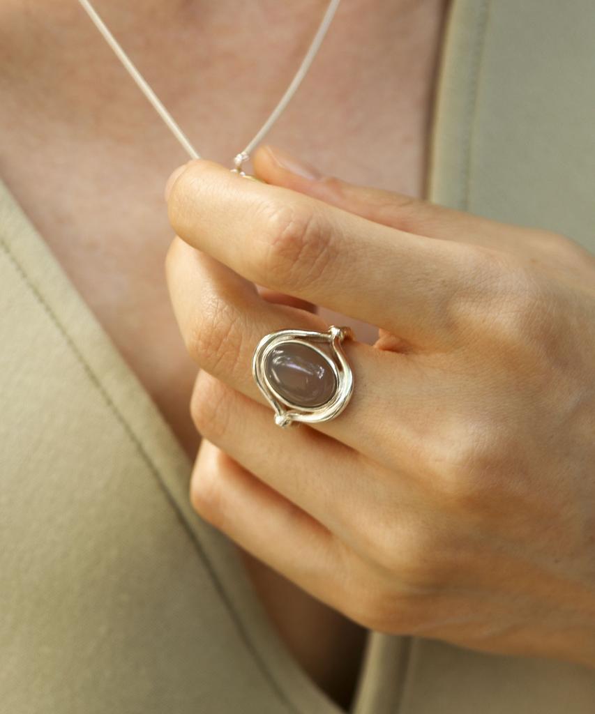 Ound Agate Gemstone Silver Ring