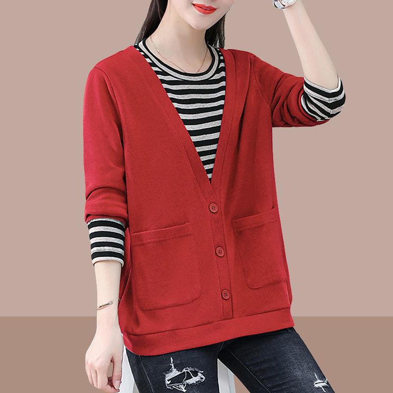 Women's Spring Autumn New Korean Style Fake Two Piece Crew Neck Hoodie Casual Versatile Loose Fashion Slim Fit Long Sleeve Top