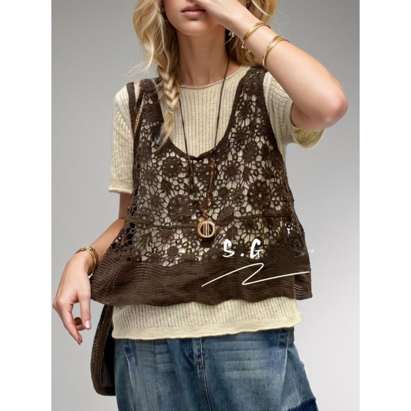 

DIMANAF Летняя женская футболка Кружевная футболка без рукавов Базовые модные сексуальные топы Футболки с цветочным принтом Свободные повседневные свободные футболки 15 One Size