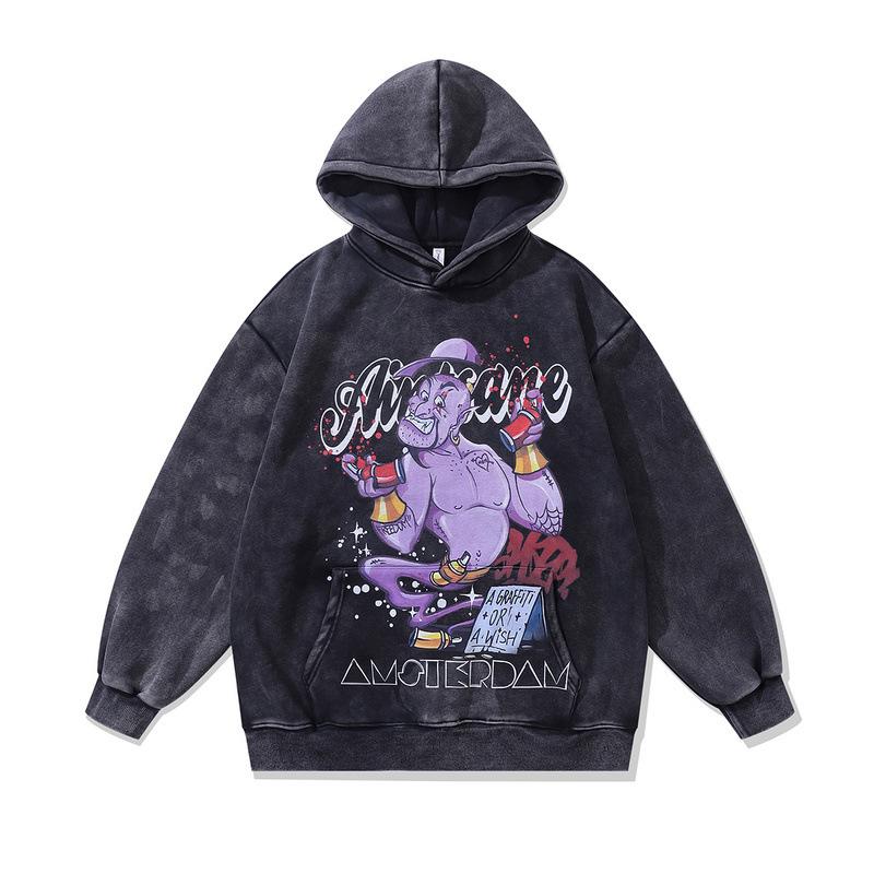 European And American High Street Washed Anime Pullover Hoodie Couple Casual Direct Spray Print Loose Hooded Sweatshirt Men And Women