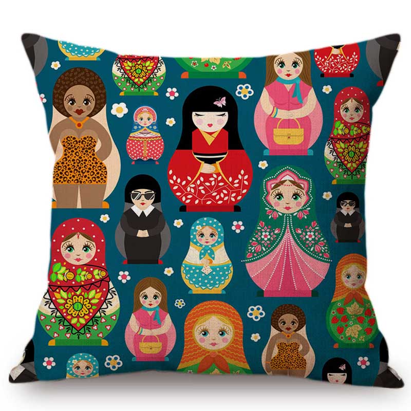 

Cute Moscow Souvenir Matryoshka Russian Doll Pattern Home Decoration Sofa Throw Pillow Case Russia Style Linen Cushion Cover 45x45cm 18x18in