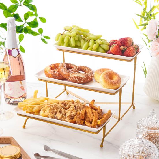 3-Tier Serving Tray Tiered Food Serving Platter Reusable Space-Saving Party Fruit Dessert Cupcake Display Holder with Metal Stand