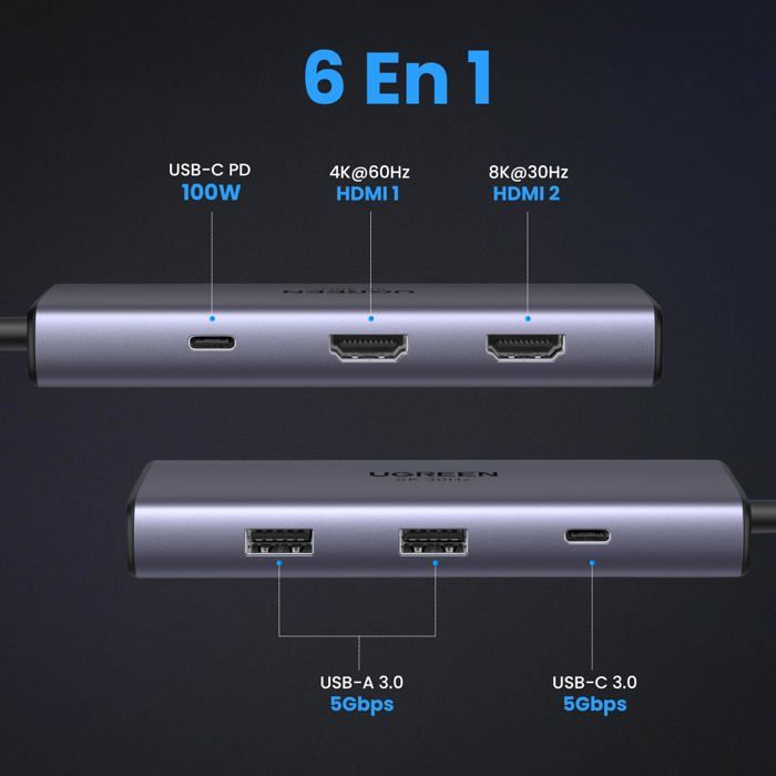 Station d'accueil - ugreen - 15852 - hub usb c 6 en 1 - double port hdmi - power delivery 100w