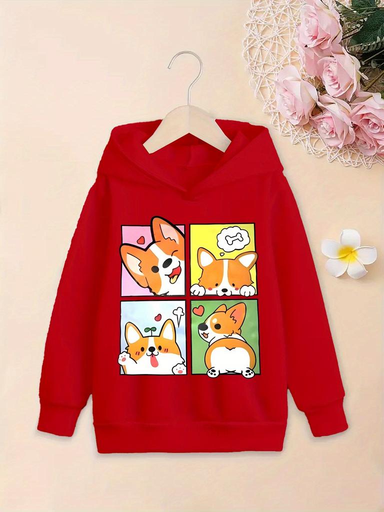 Autumn Kids Pullover Hoodie, Sweet Cartoon Corgi Puppy Four Grid Comic Print, Comfortable Material, Great Clothes for School And Outdoor Trips