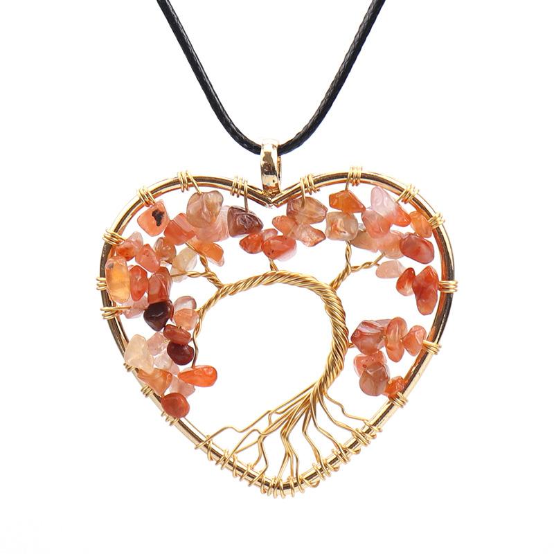Hand Winding Gold Peach Heart Curved Tree Of Life Necklace Gravel Crystal Pendant Necklace N54