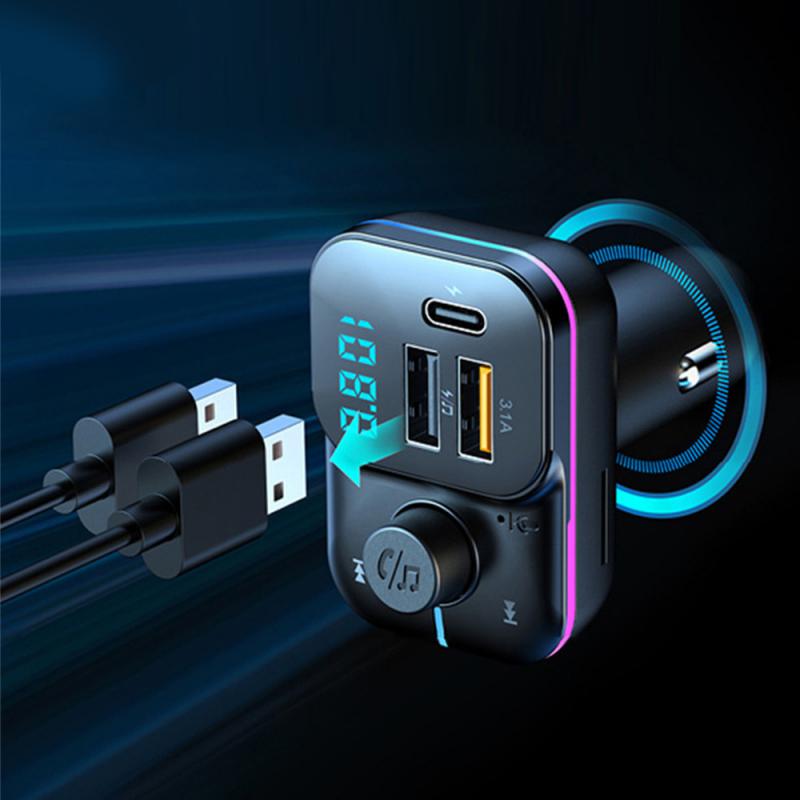 Car Bluetooth FM Transmitter 15W Multifunctional Fast Charging USB Auto Charger  Hands-free MP3 Player with Colorful Light
