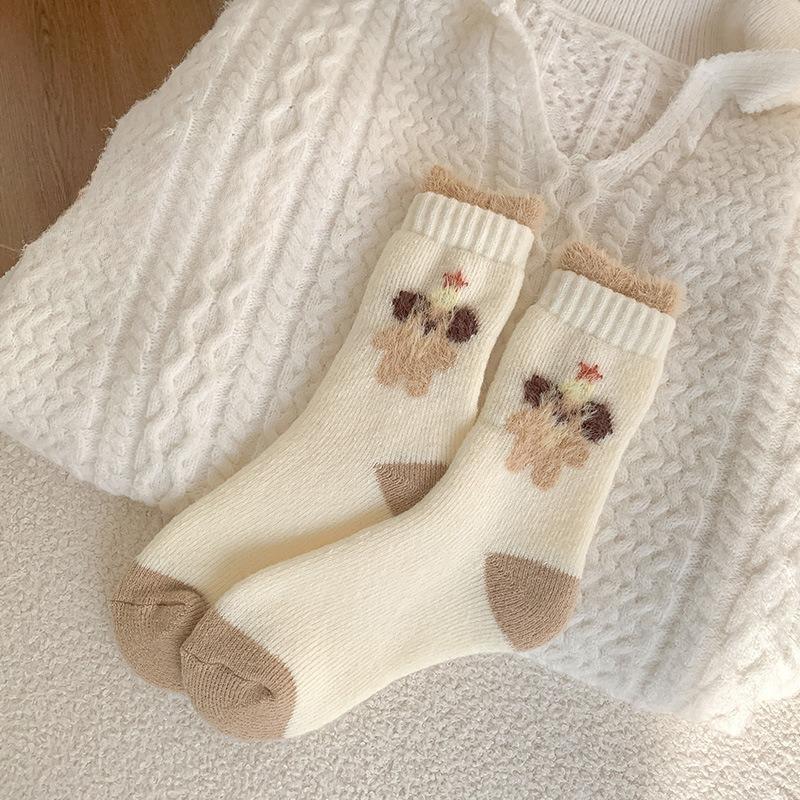 Super Thick Wool Socks, Double Flared Women's Autumn and Winter Thickened Mid-calf Socks, Warm Long Socks, Cartoon Long Calf