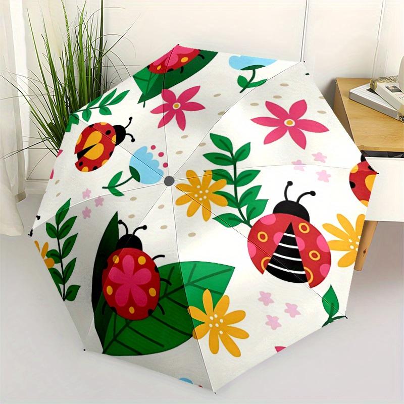 1pc Ladybug, Floral Pattern Automatic Folding Umbrella - 8-Rib Iron Frame, Windproof, Portable Sunshade with Plastic Handle for Travel & Out