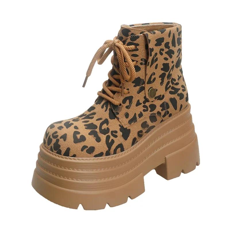 

Модные женские ботильоны на платформе с леопардовым принтом 10 см, высокие каблуки, зимние замшевые теплые меховые зимние ботинки 2025 года, трендовые женские осенние ботинки на шнуровке 38 жёлтый