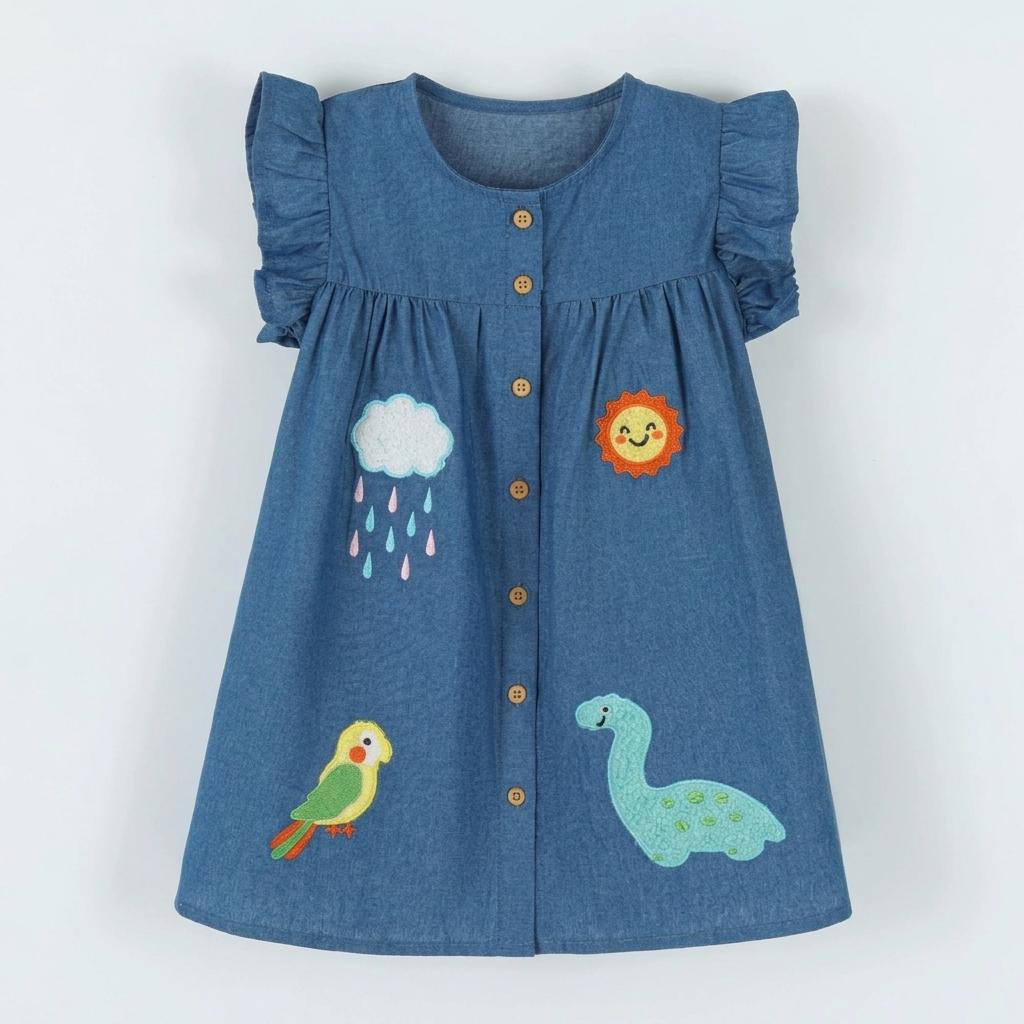 Short-Sleeved Denim Dress Summer Children'S Dress With Appliqué Embroidery Cartoon Fashion Lace Sleeves Children'S Dress