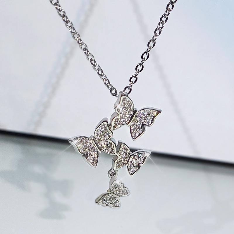 Fashion Korean Version Short Four Butterfly Necklace with Diamond Chain Fashion Sweet Style Three-piece Set of Accessories
