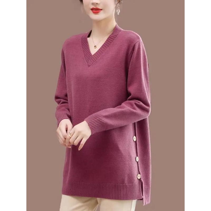 Winter V Neck Sweater Solid Color Long Sleeve Women Knitted Weater Split Big Size Sweater