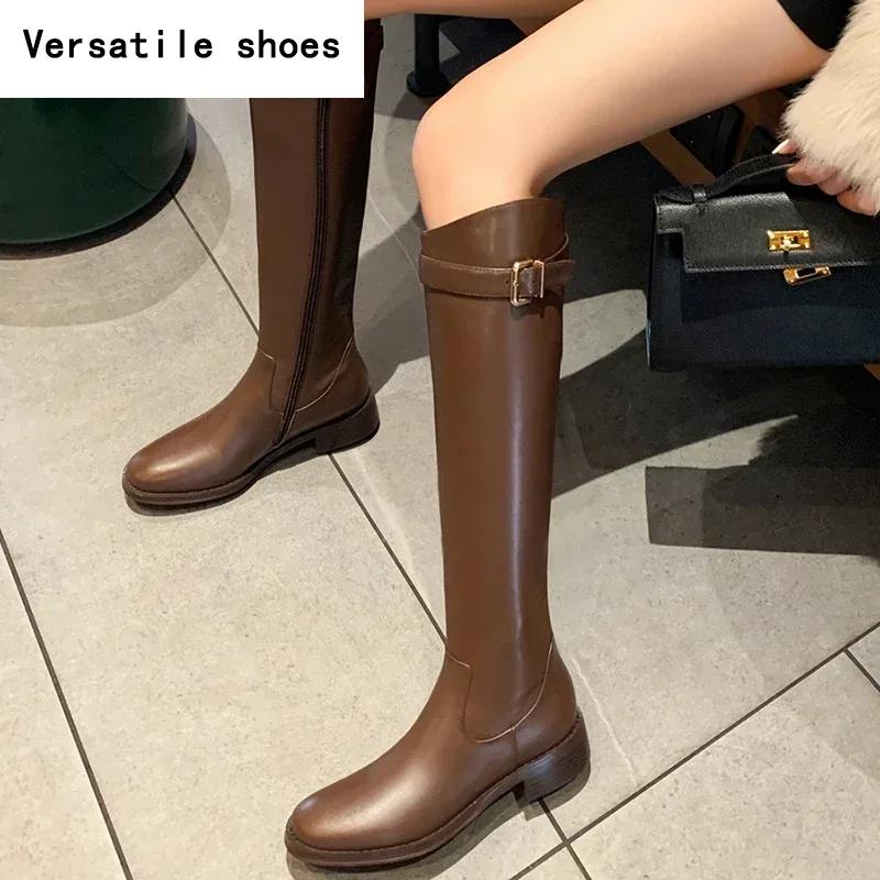 Vintage Női Karcsúsított Térdig Érő Csizma Divatos Övcsatos Cipő Ősz Tél Alacsony Sarkú Női Stretch Modern Hosszú Bokacsizma