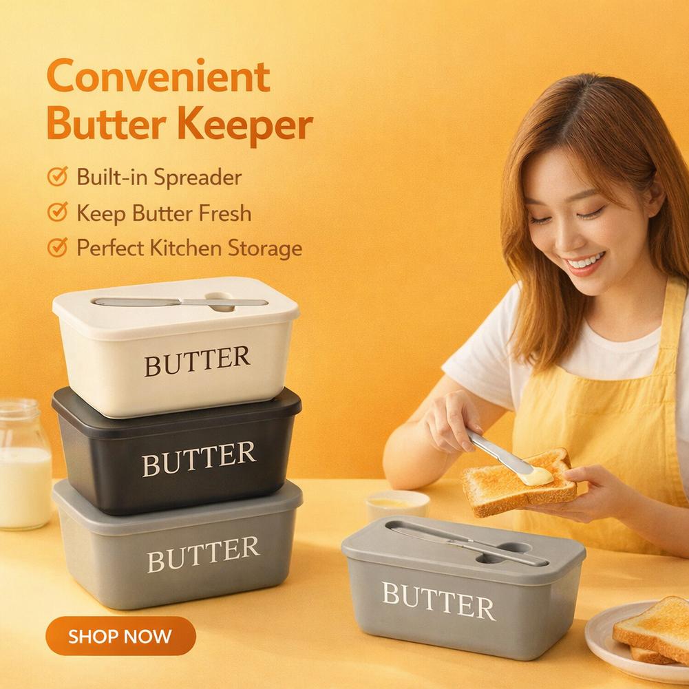 PP Butter Dish with Lid & Spreader Airtight Butter Keeper for Fridge Modern Kitchen Storage Container for Butter, Cream Cheese