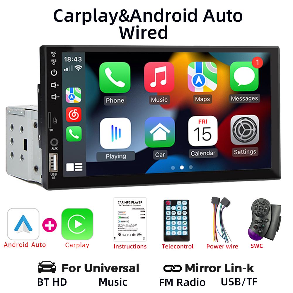 HIPPBQCC 7 Inch Car Radio Carplay Android Auto 1 Din Multimedia Bluetooth Player HD Touch Screen Mirror-Link USB FM AUX Input