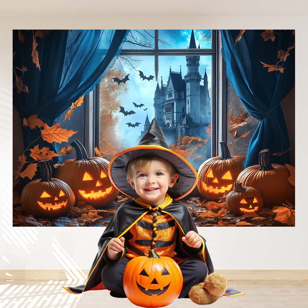 Halloween Backdrop for Photography Fall Pumpkin Party Backgrounds Autumn Leaf Bat Home Window Castle Decorations Banner