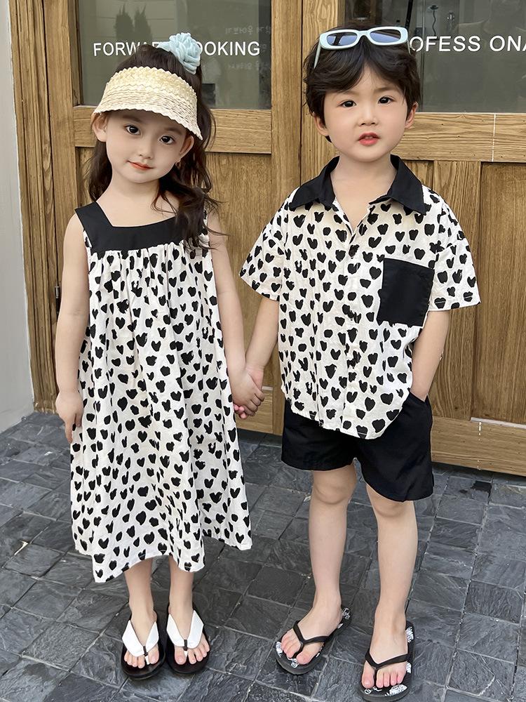 2025 Summer Sibling Outfits: Korean-Style Loose Sling Dress & Shorts Set for Boys and Girls