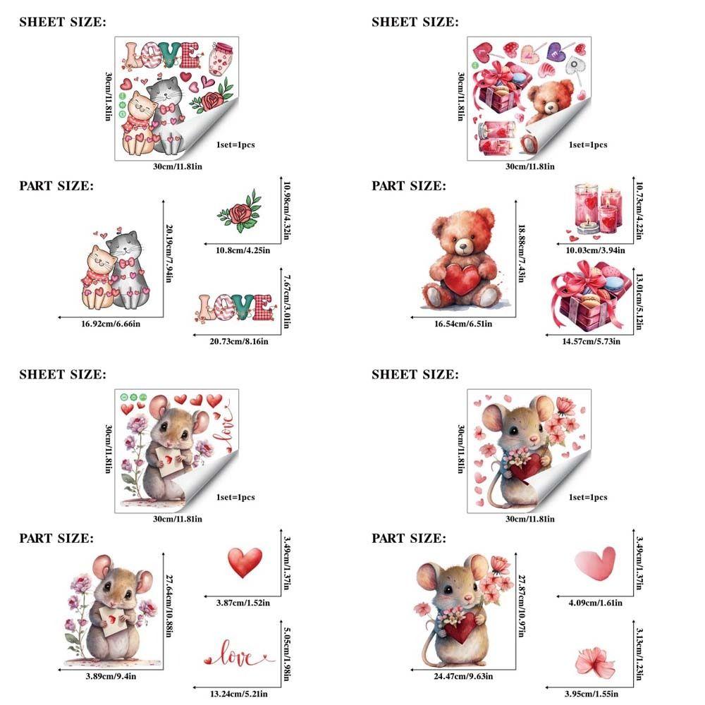 PVC Valentine's Day Window Stickers Animals Cats Bears Mice Love Heart Window Decals  Decorations