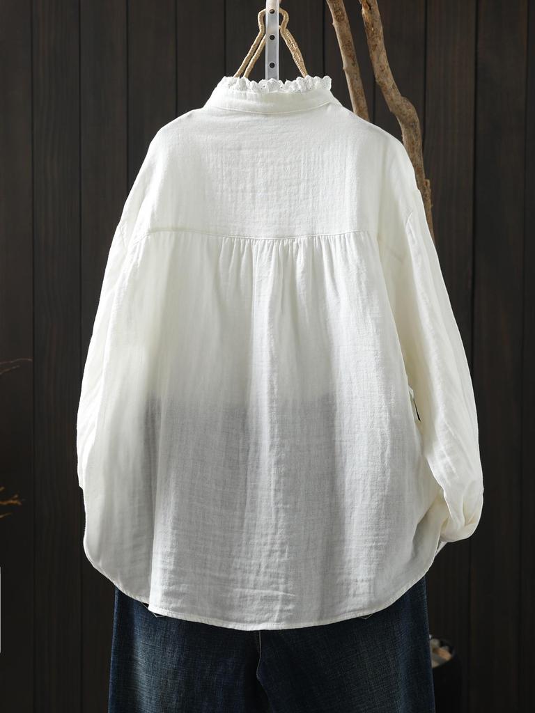 2026 Spring Lace Button Women's Double Layer Cotton Gauze White Shirt - Versatile & Age-Reducing