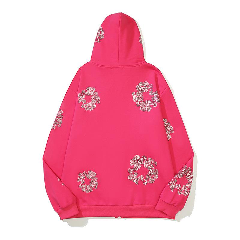 2025 High Street Hip Hop Vintage Kapok Cristal Diamante Fierbinți Fermoar Piept Jachetă Pulover cu Glugă Val