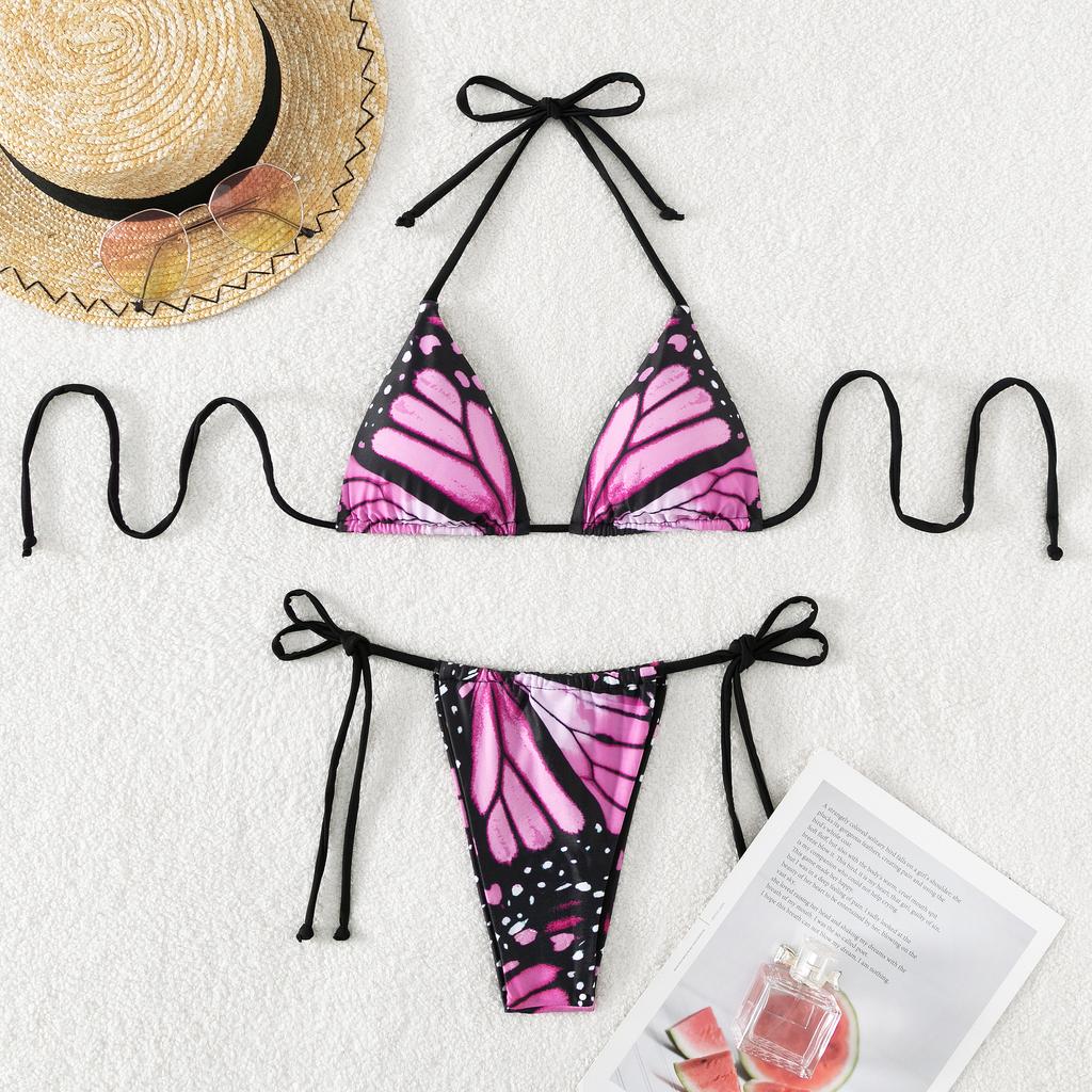 New butterfly print lace-up split bikini beach swimsuit women