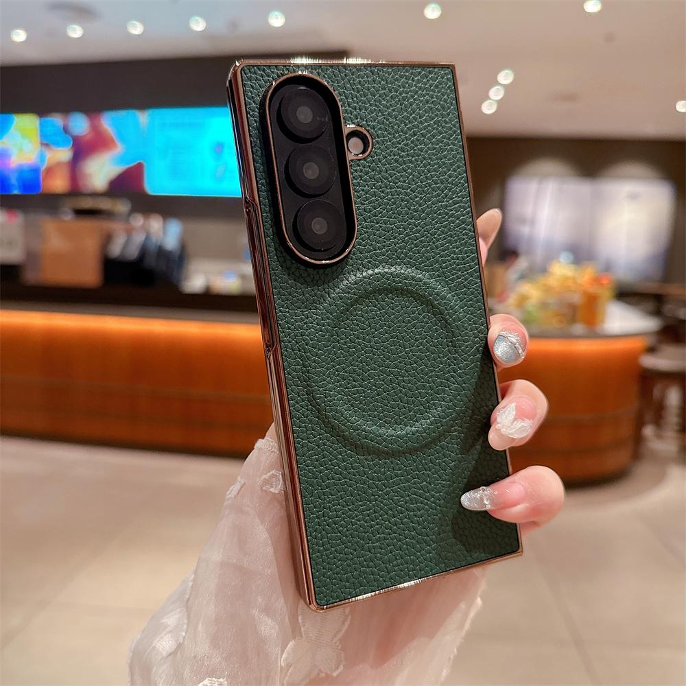 

Lichee Pattern Leather Magnetic Case For Samsung Galaxy Z Fold 7 6 5 4 3 5G For Magsafe Phone Protection Hard Cover Shockproof Galaxy Z Fold5