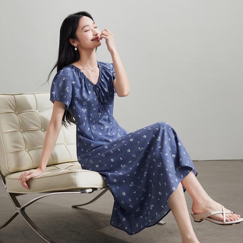 French V-neck Short-Sleeve Floral Dress M