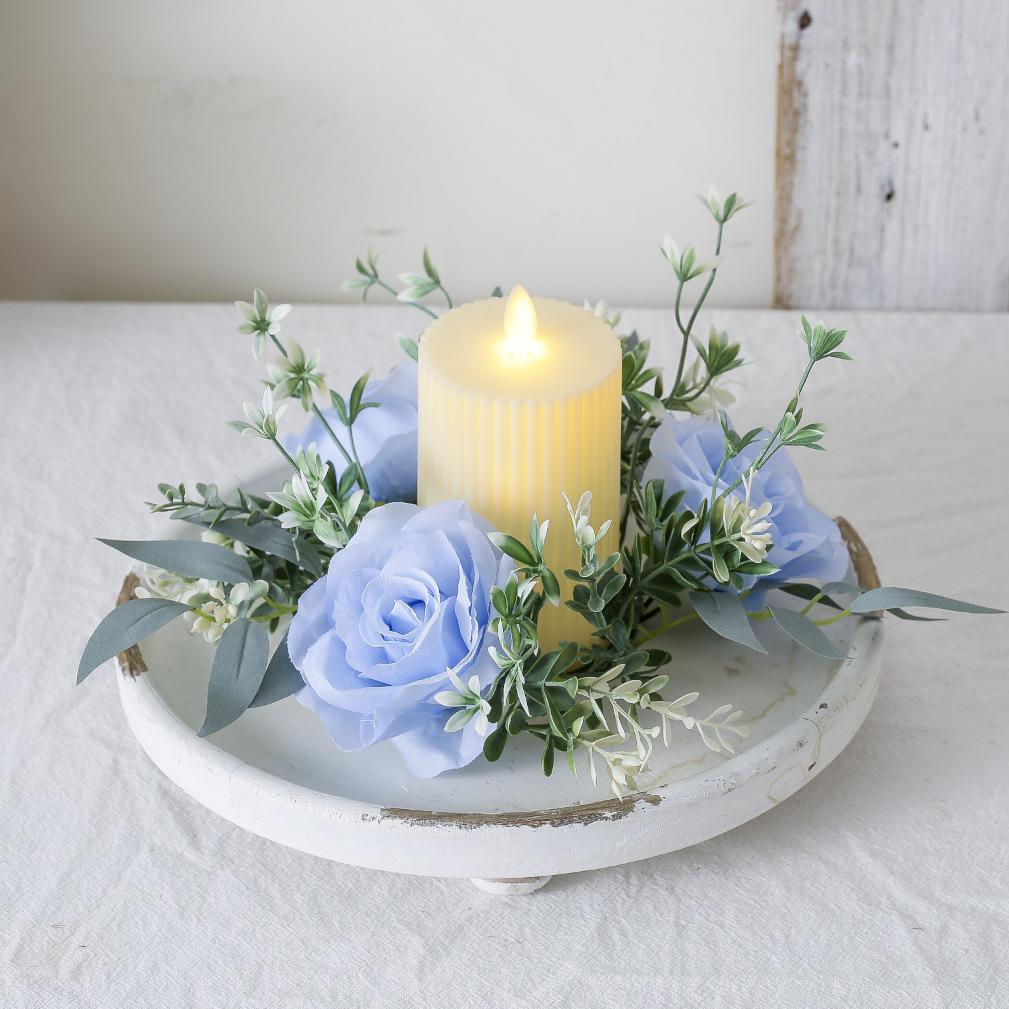 Artificial Rose Candle Ring Pillar Candles Greenery Flower Wreath Seasonal Candle Ring For Wedding Centerpiece Holiday Decor