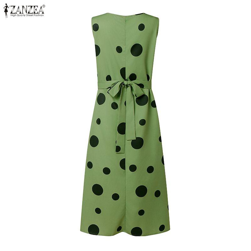 ZANZEA Women Casual Round Neck Sleeveless Loose Polka Dot Print Dress