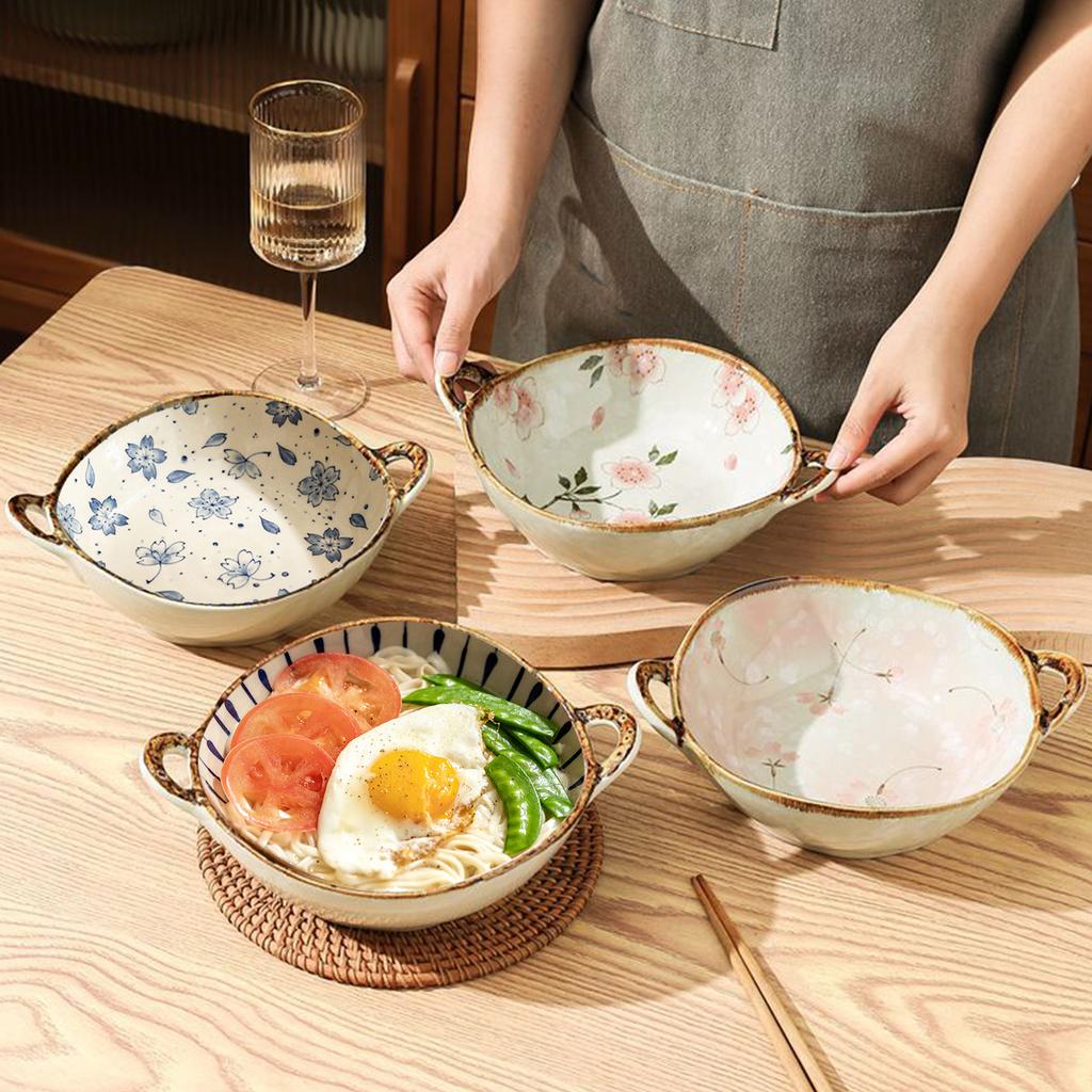 4pcs Japanese Soup Bowl With Handle 7.5inch Ceramic Salad Bowl Kitchen Tableware Pasta Dish Bowl Microwave Oven Bakware Pan