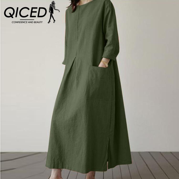 QICED Women Casual Cotton Long Dress O-Neck 3/4 Sleeves Casual Dresses
