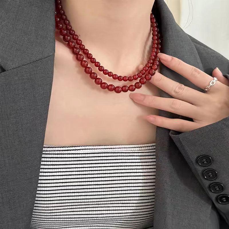 6-12mm Round Glass Red Beads Strand Beaded Necklace Choker for Women Wholesale Silver Plated Chain Chokers Jewelry New Year Gift