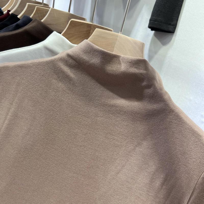 Autumn Half High Collar Slim Fit Plush Base Casual T-shirt Women Winter Long Sleeve Solid Velvet Women's T Shirt Elegant Retro Warm Lady Tee Top 25573