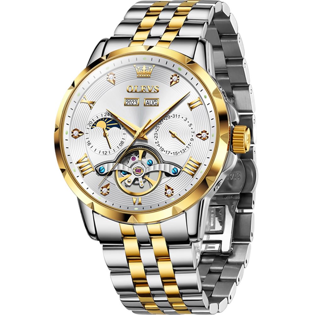 OLEVS Men's Automatic Mechanical Watch with Moon Phase Display, Stylish Skeleton Design, Waterproof, Popular, Luminous Watch, White & Gold