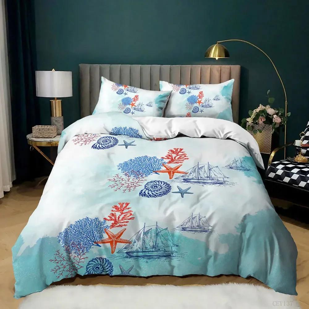 Ocean Bedding Set King/Queen Size Nautical Coastal Bedding,Hippocampus Comforter Cover For Kid Boys Girls,Sea Animal Duvet Cover
