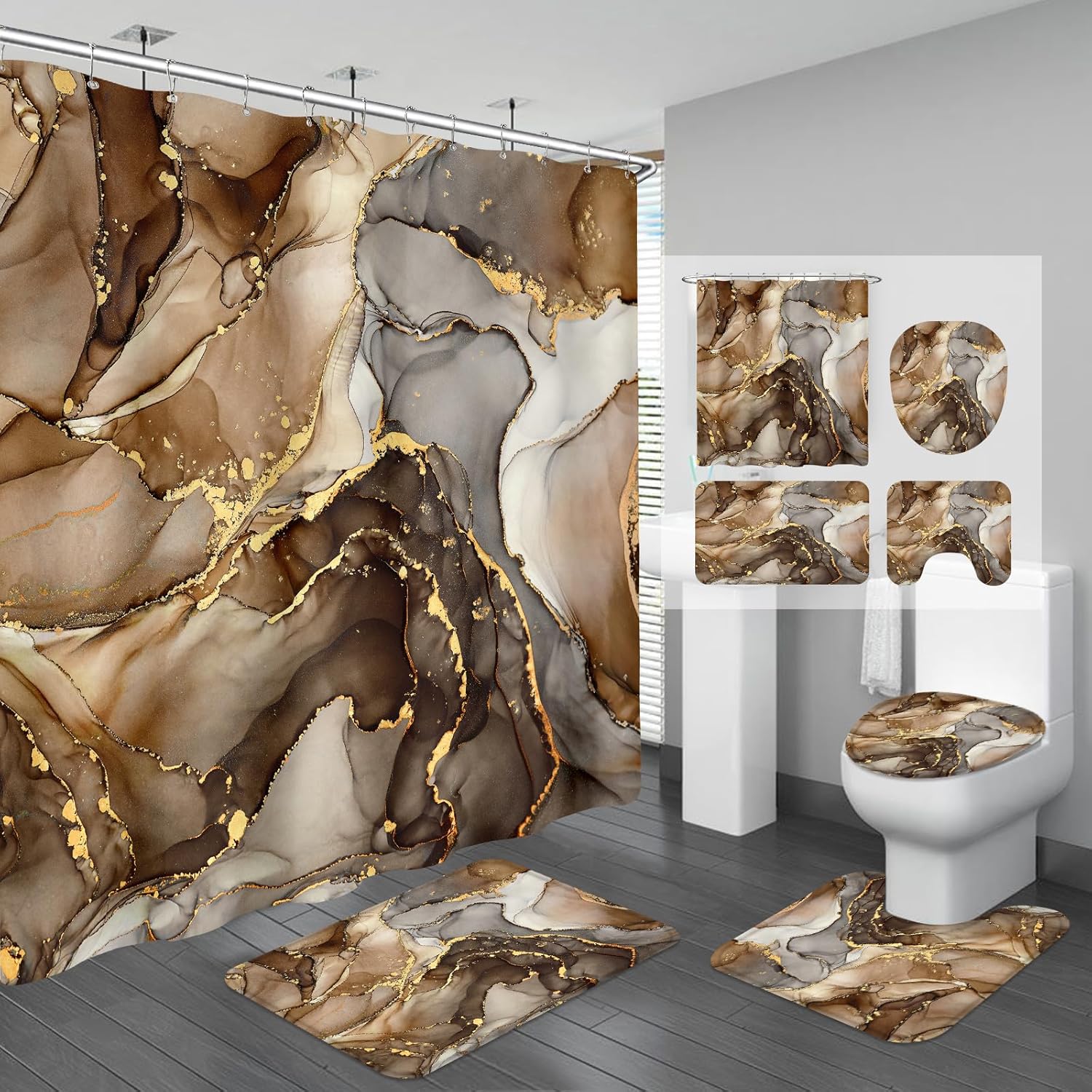 

15Stlye 4Pcs Luxury Marble Bathroom Shower Curtain Set Bathroom Curtain With 12 Hooks Non Slip Rugs Toilet Cover Mat Bathroom Partition 4Pcs Set