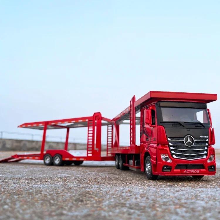 1:24 Mercedes Benz Double Decker Flatbed Transport Vehicle Alloy Diecast Metal Car Model Sound And Light Science Education Serie