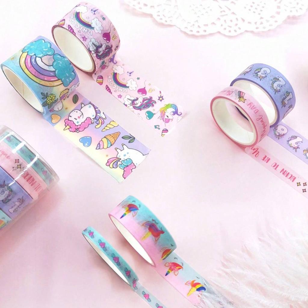 6rolls-volume cute washi tape set, exquisite unicorn pattern cartoon tape, scrapbook planner decoration, DIY stationery