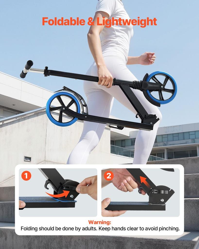 Kick Scooter for Kids Ages 8+, Teens & Adults, 2-Wheel Toddler Scooter with Adjustable Height Handlebar, Wide Anti-Slip Deck, Foldable Lightweight