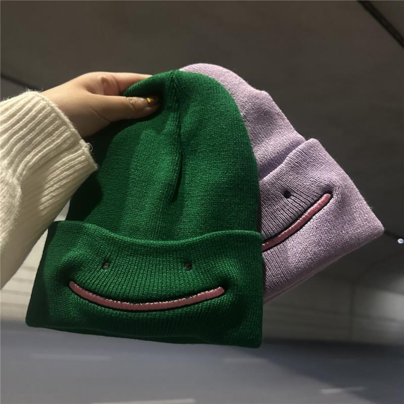 Cute Cartoon Embroidered Smiley Face Knitted Hat Women's Autumn and Winter New Fashion Versatile Warm and Cold Wool Hat Cold Hat