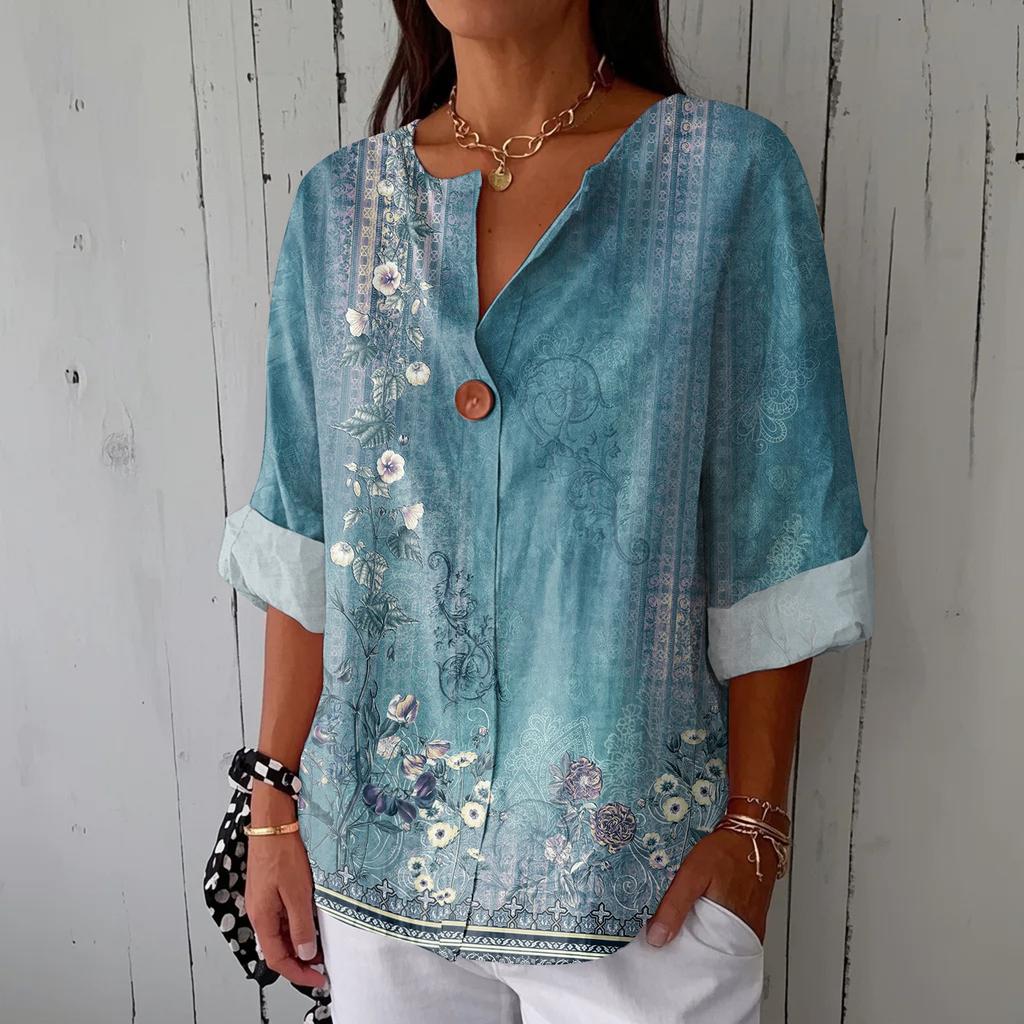 Women's Fashionable Casual V-neck Button Seven Quarter Sleeve Printed Cotton And Linen Top