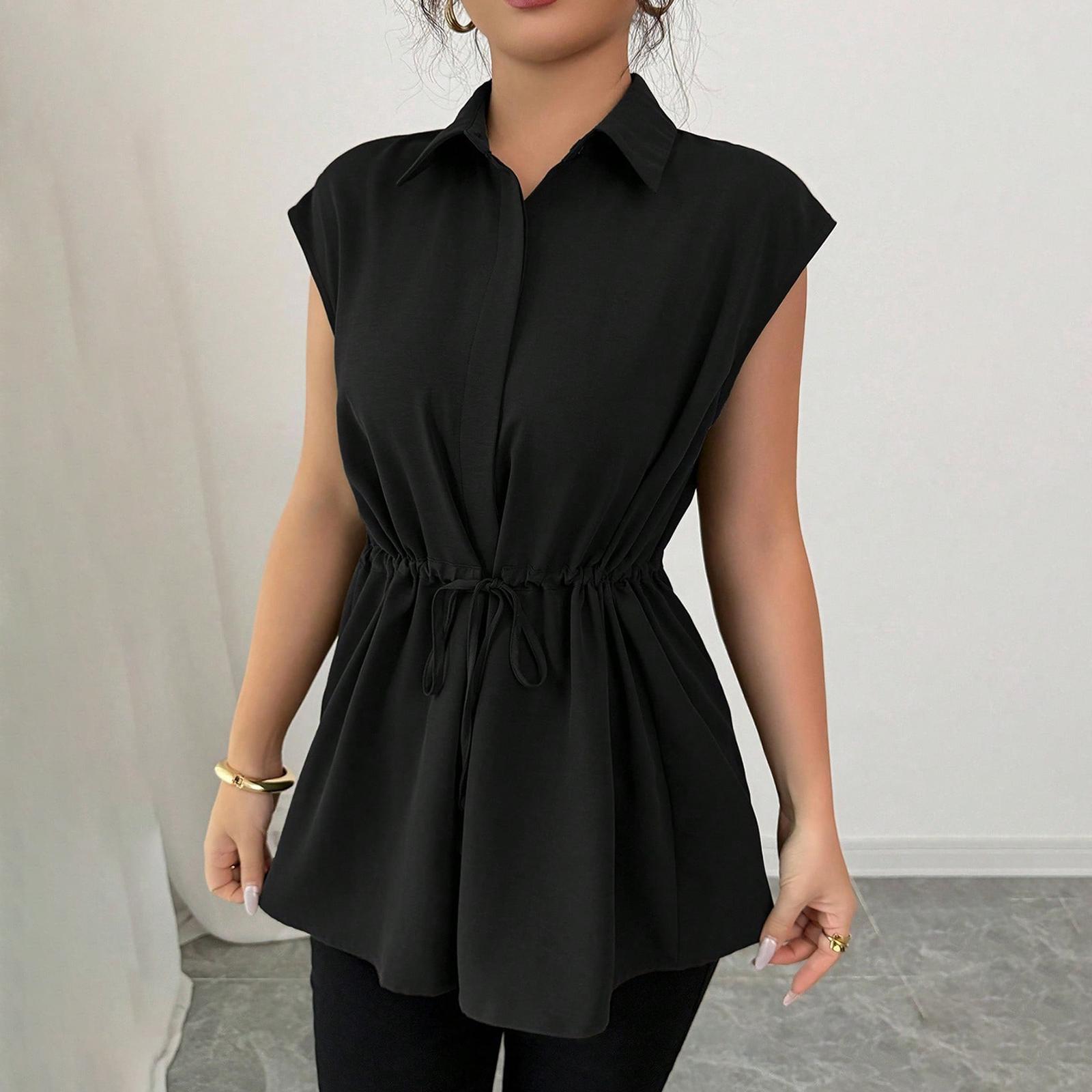 Women s Fashionable Loose Lace Waistband Single Breasted Color Lapel Short Sleeved Top L чёрный