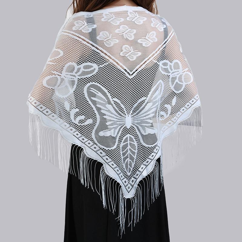 Printed Butterfly Lace Scarf Hollow Tassel Triangle Scarf Embrodiery Women Headscarf Femme Shawls Scarves Long Veil Floral Scarf