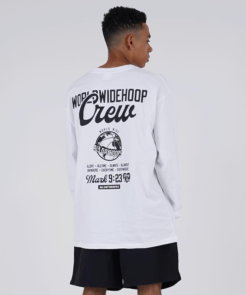 ALL DAY HOOPS Worldwide Hoop Crew Script Oversized Long Sleeve T-Shirt White